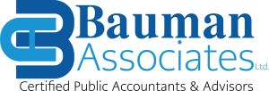 Bauman Associates Ltd logo featuring a blue stylized 'BA' monogram and the text 'Bauman Associates Ltd' with the tagline 'Certified Public Accountants & Advisors'.