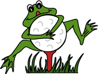 Cartoon green frog with a white round belly, standing on grass with one leg raised and a red tongue hanging down.